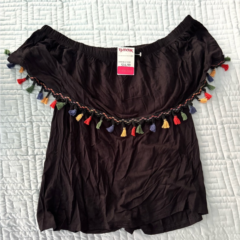 Kim & Cami Black Top with Multicolor Tassels